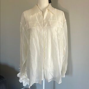 GRACIA Sheer Ivory Button-Up Blouse Sz L